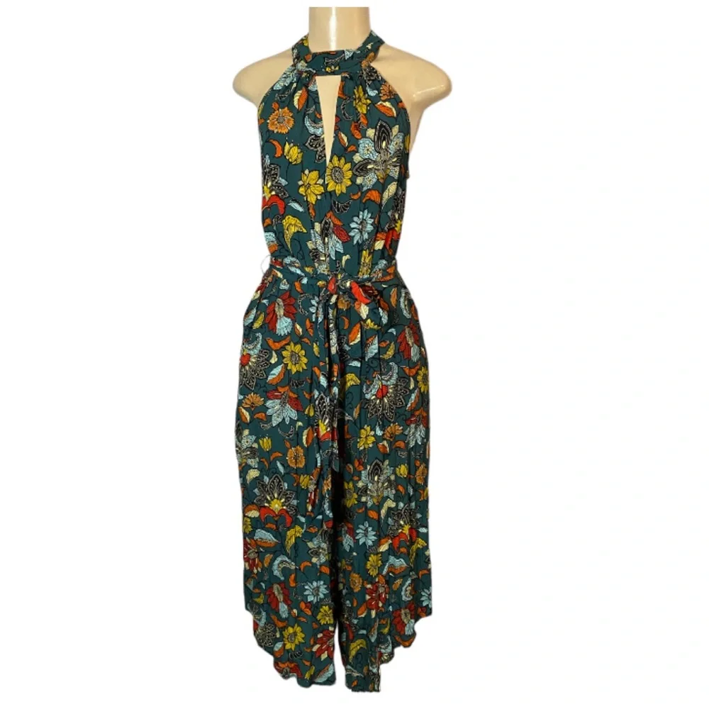 Anthropologie Geneva Halter Wide-Leg Jumpsuit Small Teal Green Floral Paisley - Picture 2 of 10